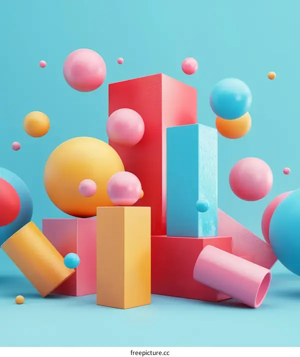 Colorful 3D Geometric Shape Composition with Floating Spheres