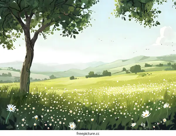 Green Hills With Daisies and a Tree
