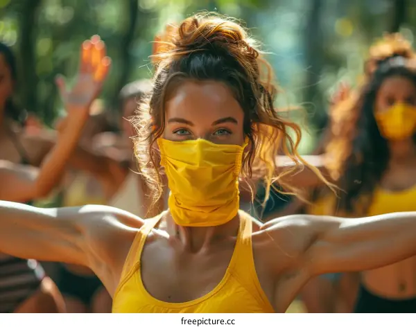Ecstatic young woman with yellow face mask in forest