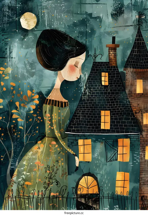 girl in front of a haunted house