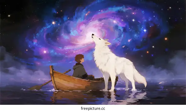 A Boy and a White Wolf Under a Vast Starry Galaxy