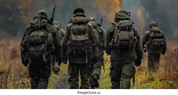 Russian soldiers are walking in the forest