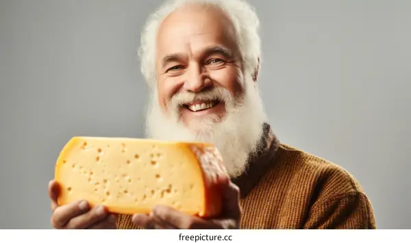 An old man holding a big piece of cheese