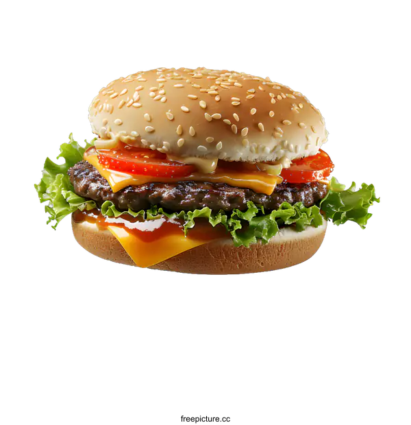 [Transparent Background PNG]A cheeseburger with lettuce, tomato, and sesame seed bun