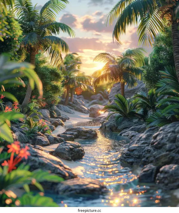 Tropical rainforest at sunset, with sunbeams streaming through the canopy