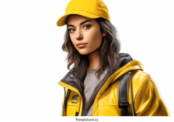 A young woman wearing a yellow cap and yellow jacket