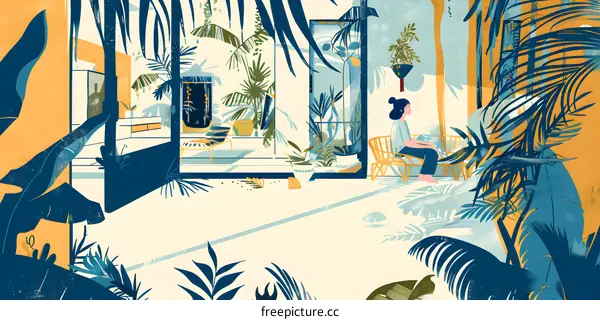Woman Sitting in a Tropical Garden Illustration