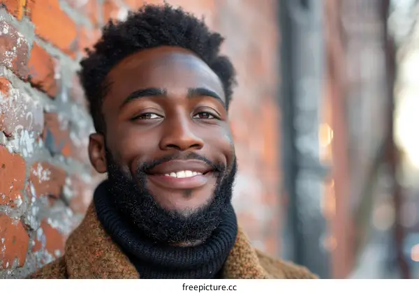Portrait of a Smiling Black Man by a Brick Wall