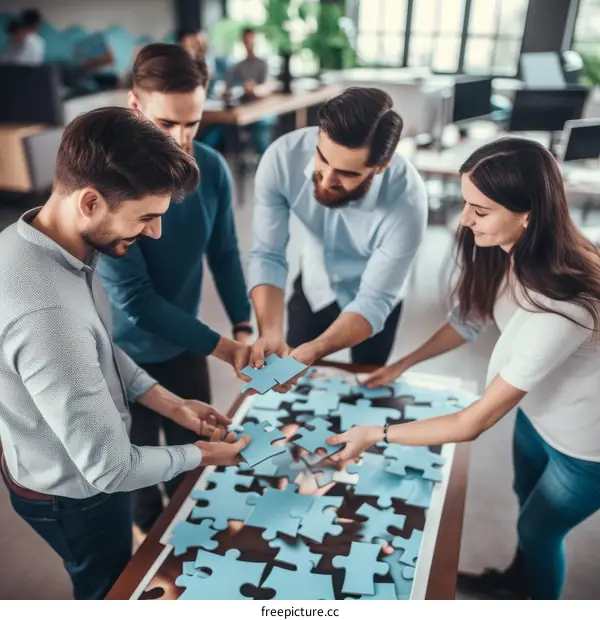 A group of people putting together a puzzle