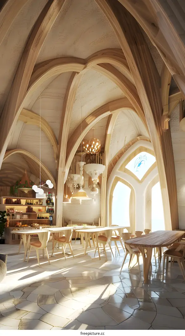 Modern Wooden Interior Design With Arched Ceiling And Stone Floor