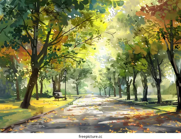 Autumn Park Path with Yellow Leaves and Sunlight