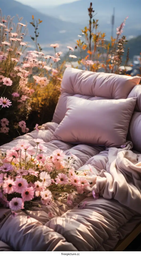 A Soft Pink Sofa with a Matching Pillow and Blanket is Situated in a Field of Pink Flowers with a Mountain Background