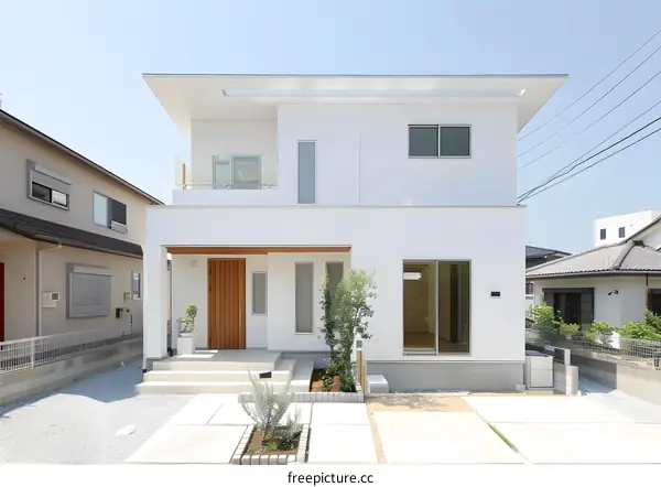 Modern White House with a Wooden Door and Front Yard