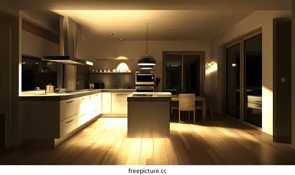 Modern Kitchen Interior Design with Wooden Floor and Stainless Steel Appliances