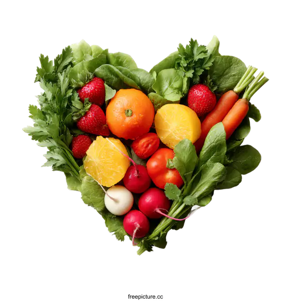 [Transparent Background PNG]Colorful Heart Shaped Arrangement of Fresh Fruits and Vegetables