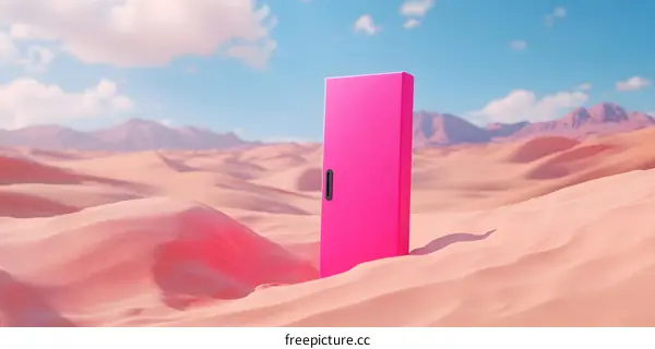 Pink Door In Desert Minimalist 3d Illustration