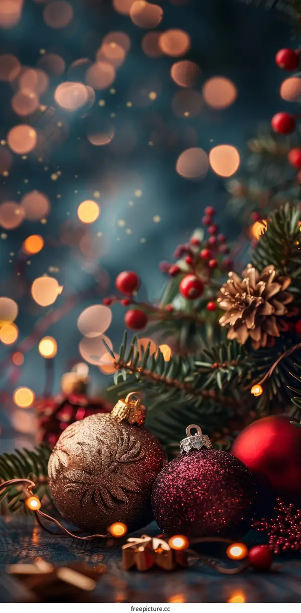 Festive Christmas Background with Fir Branches and Decorations