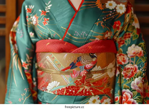 A woman wearing a green kimono with a red and gold obi