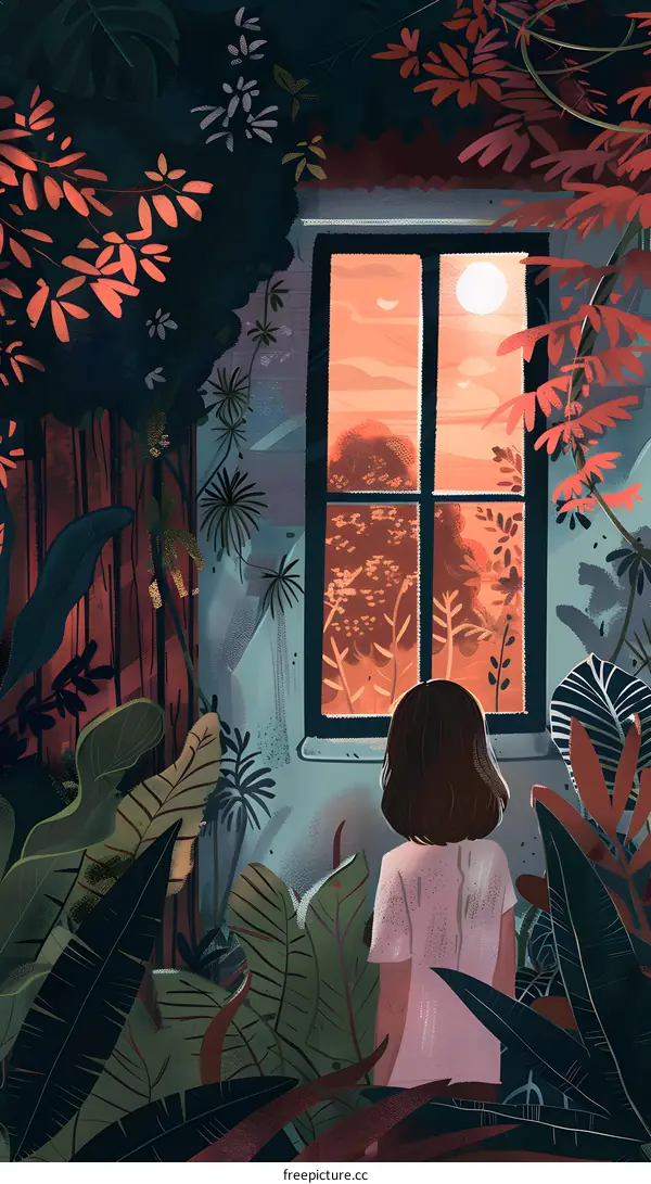 Girl Looking Through Window at Sunset