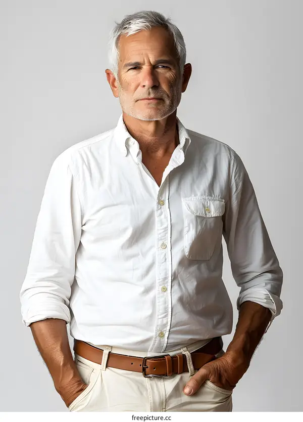 Portrait of a Handsome Senior Man in a White Shirt