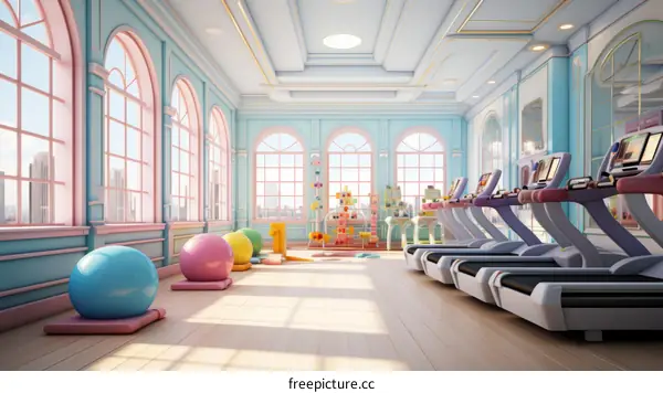 A pastel colored illustration of a gym