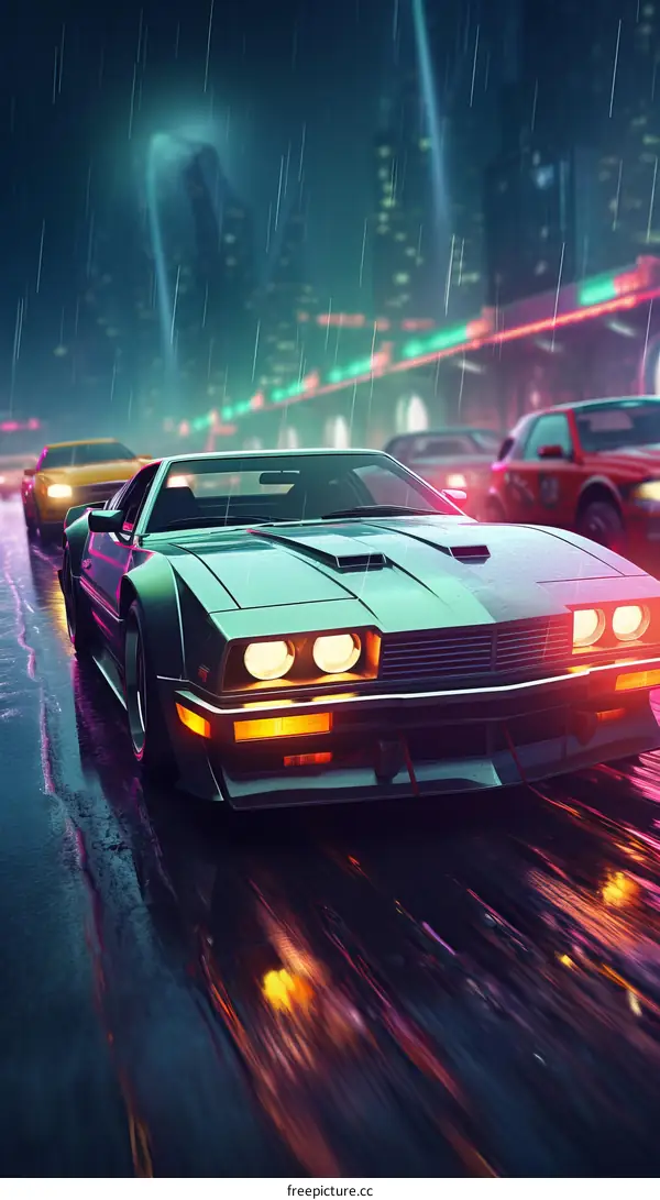 A retro car drives through a rainy city street at night