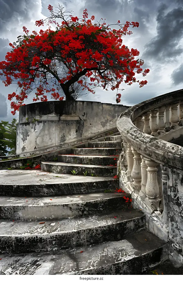 Red Flower Tree Over Stone Steps And Railing
