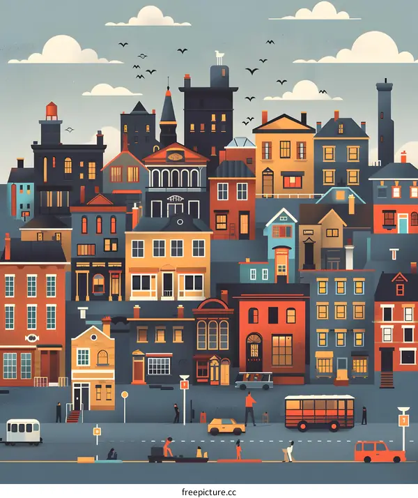 Colorful Illustration of a Cityscape with People and Buildings