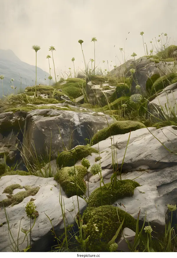 Green Moss Growing on Rocks in a Mountainous Landscape