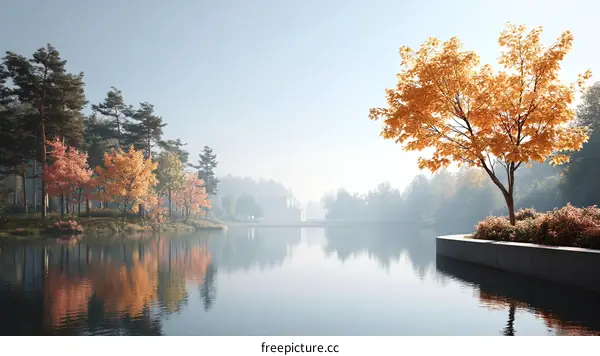 Autumnal Lake Landscape with Golden Trees