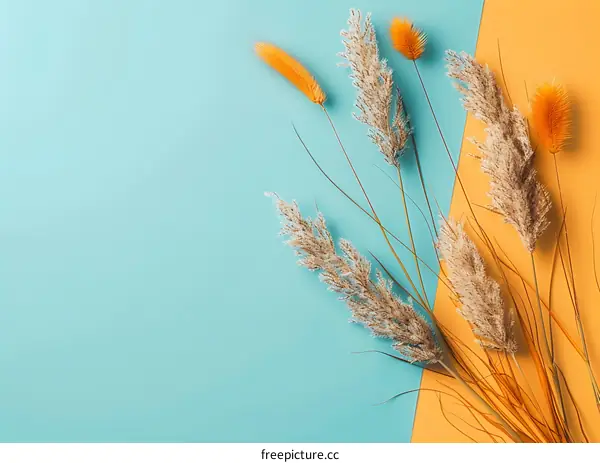 Dried Pampas Grass on Blue and Yellow Background