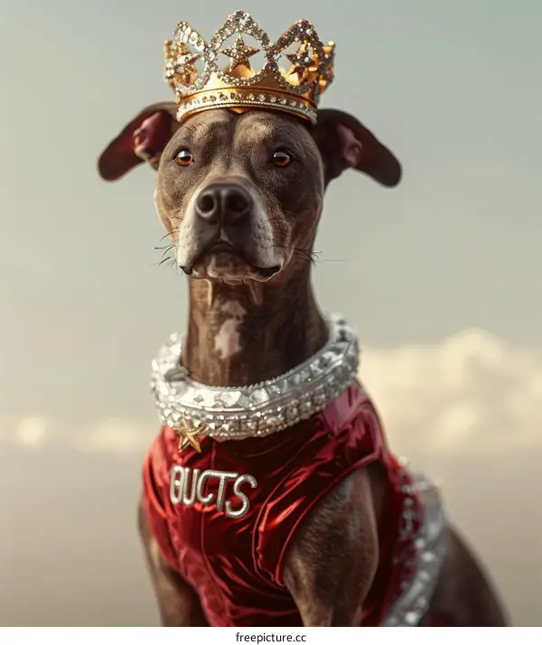A brown pit bull terrier dog wearing a golden crown and a red and silver jeweled necklace