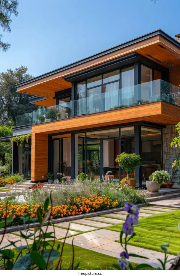 Modern House with Large Glass Windows and Wood Elements
