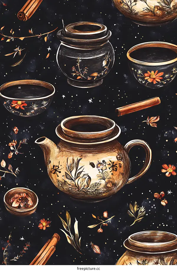 Watercolor Seamless Pattern of Teapot and Teacups With Cinnamon Stick and Floral Elements On A Black Background