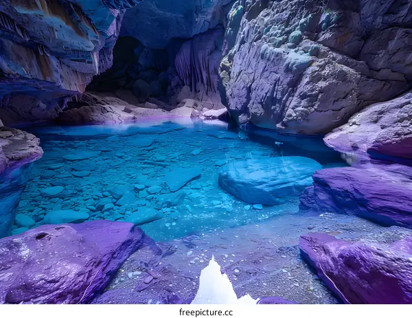 Purple Lake in a Cave with Rocks