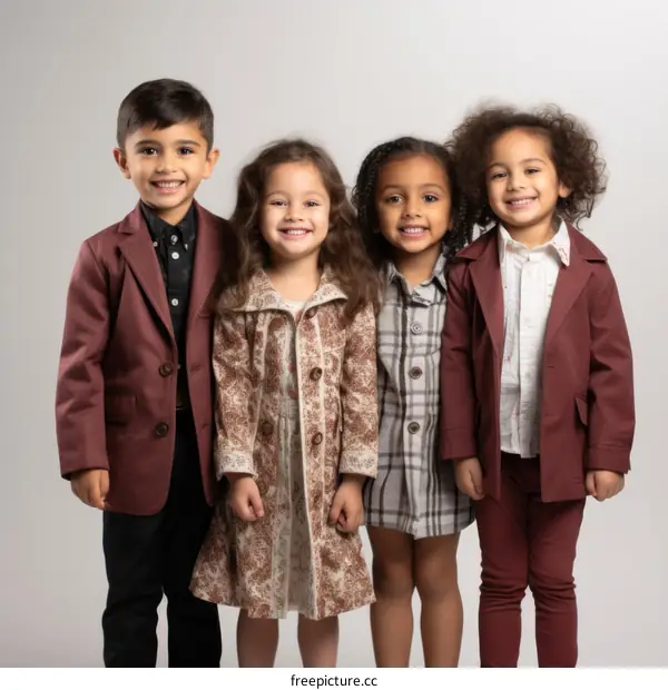 Four happy children posing in a studio