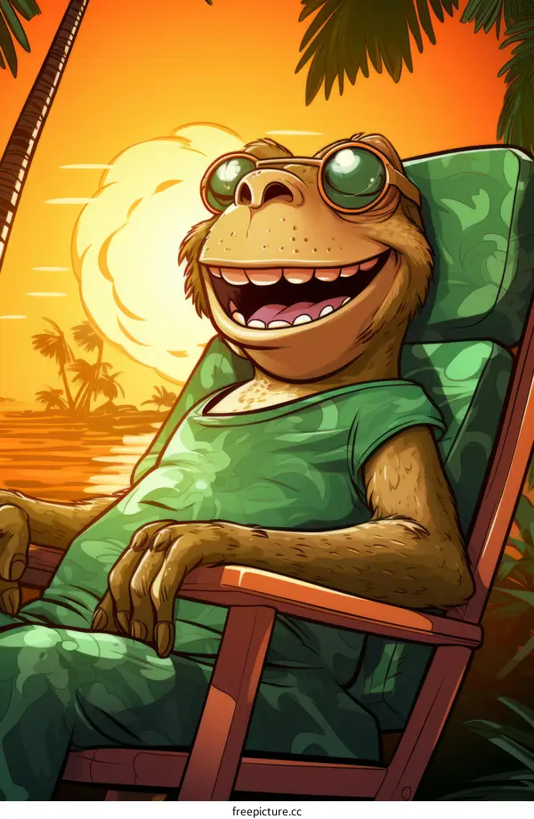 A green frog wearing sunglasses is sitting in a beach chair and relaxing.