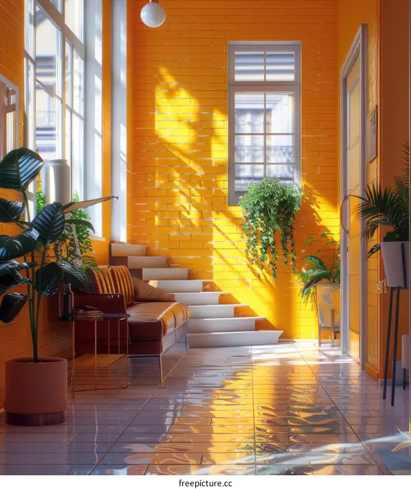 Bright Yellow Scandinavian Living Room with Couch and Plants