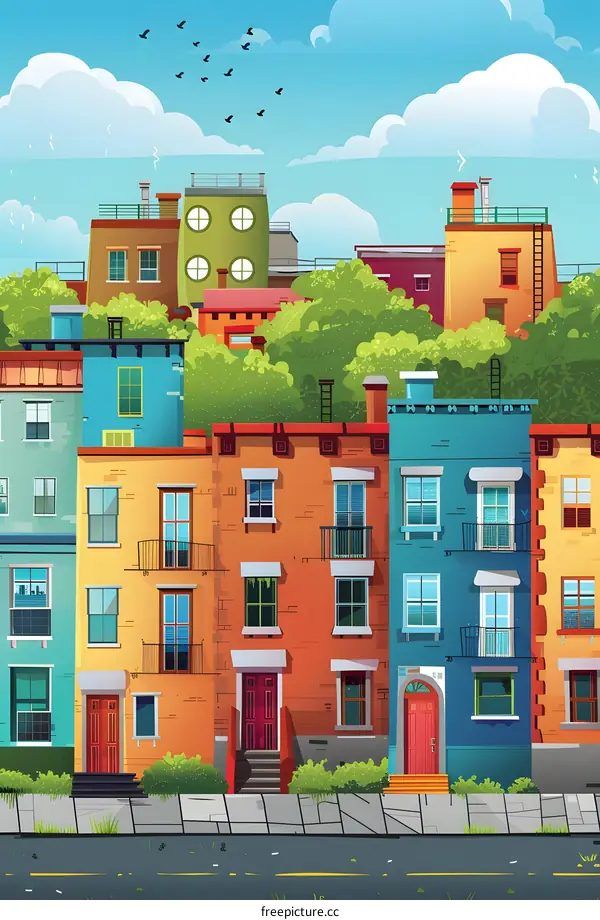 Colorful Row Houses in a Cartoon Cityscape Illustration