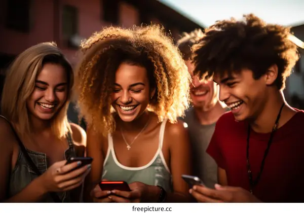 Four diverse friends laughing while looking at their phones