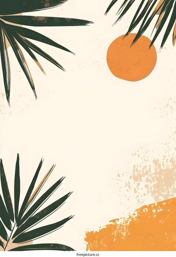 Abstract Minimalist Tropical Leaves and Sun Illustration