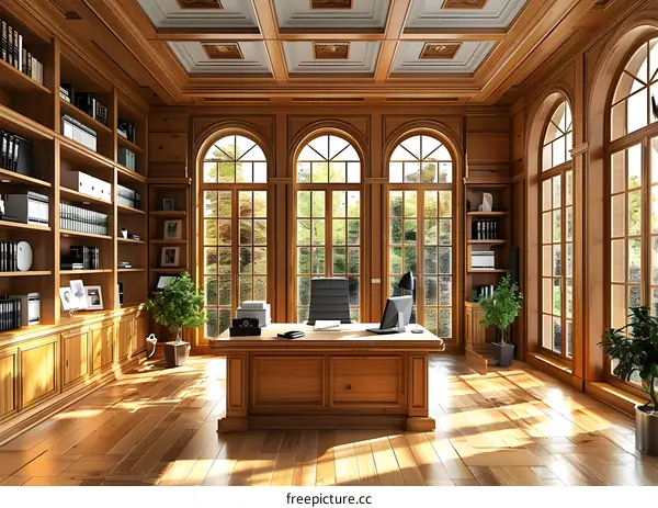 Luxury wooden home office library with large windows