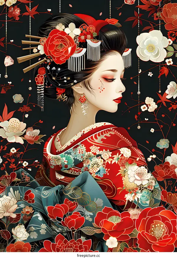 A Japanese woman wearing a kimono with a red and white floral pattern and a red flower in her hair