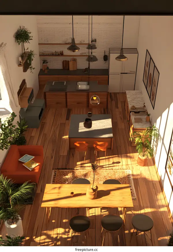 Modern Kitchen and Dining Area with Wooden Floors and Natural Light