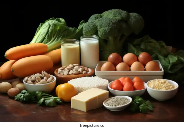 A variety of healthy foods are arranged on a wooden table.