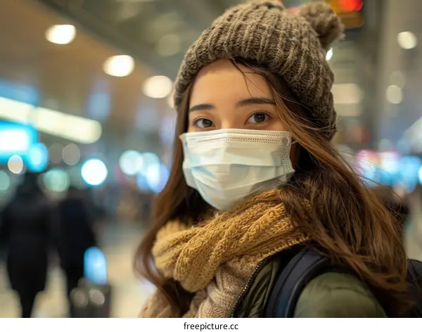 A young woman wearing a mask in an airport