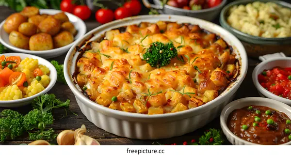 Close Up of a Delicious Cheesy Potato Bake with Side Dishes