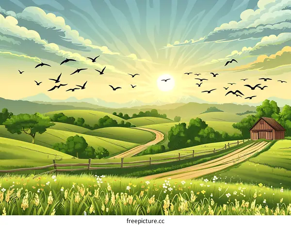 Rural Landscape with Winding Road and Barn at Sunset