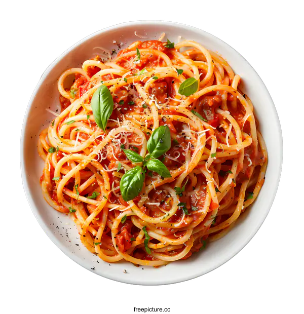 [Transparent Background PNG]spaghetti pasta with tomato sauce and basil