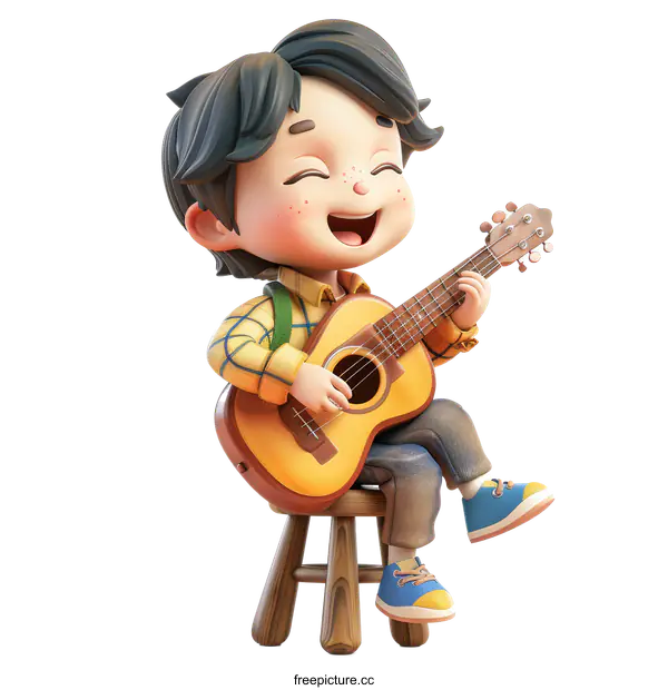 [Transparent Background PNG]3D Happy Boy Playing Guitar